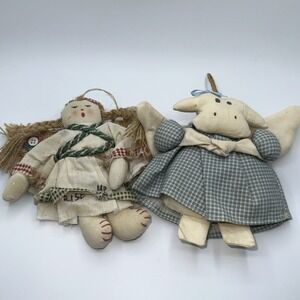 Vintage Primitive Fabric Angel and Cow Hanging Ornaments Rustic Farmhouse Decor